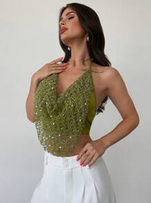 Firerie 女士休闲性感亮片时尚沙滩度假露背垂褶领钩编纹理绿色吊带背心，适合音乐节、派对和度假。 - 綠色 - 查看 5