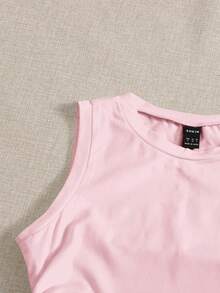 SHEIN EZwear Atasan Tank Top Rajut Kasual Wanita Ukuran Plus, Leher Bulat, Tali Serut Samping, Warna Pink, Cocok untuk Acara Keluar Rumah - Berwarna merah muda - View 5