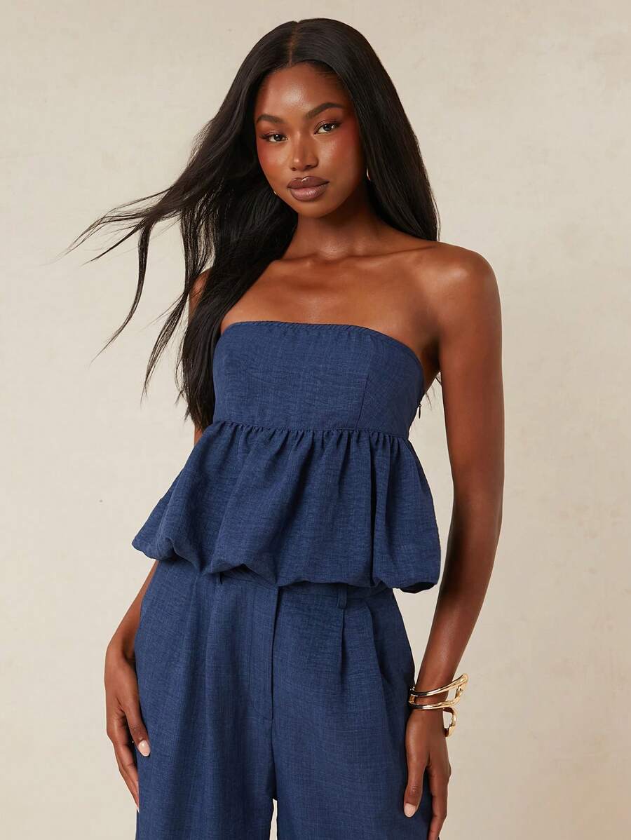 NYA SZN Leah 露肩牛仔泡泡荷叶边短款上衣，海军蓝，夏季海滩度假风，适合各种场合，包括节日和嘉年华，适合女性穿着。 - 藍色 - 查看 1