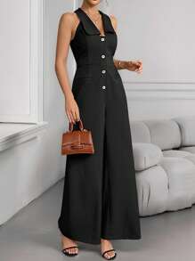 INAWLY Women's Elegant Solid Color Wide Leg Jumpsuit, Summer - Black - View 3