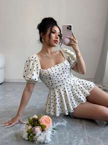 Rafferiza 女式夏季方领泡泡袖修身优雅波尔卡圆点上衣