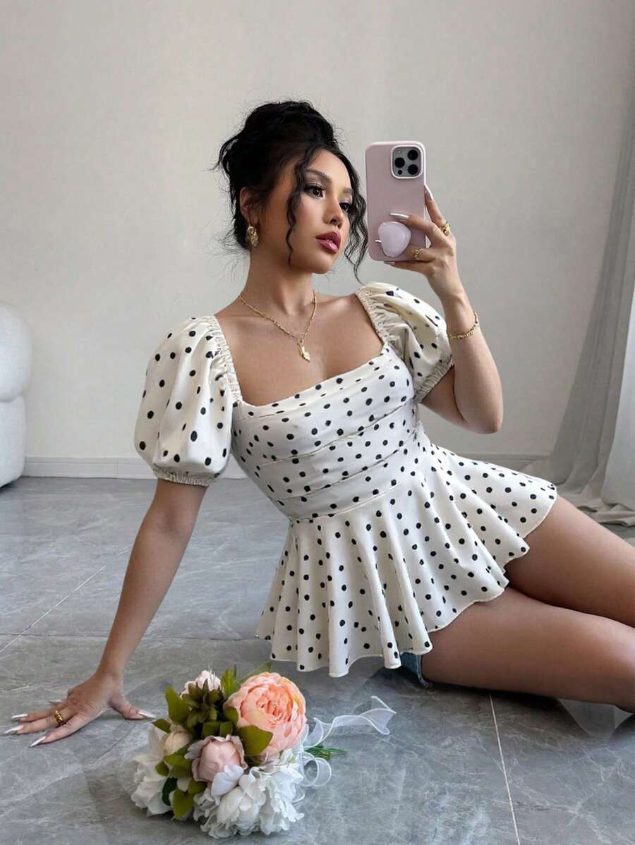 Rafferiza 女式夏季方领泡泡袖修身优雅波尔卡圆点上衣