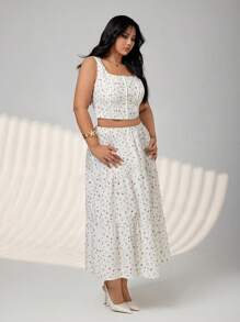 SHEIN ICON Plus Size Square Neck Button Front Ditsy Floral Vest Top And Flared Hem Floral Skirt 2 Pieces Set, Summer - Multicolor - View 2