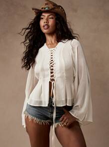 MISSGUIDED Lace Up Front Long Sleeve Blouse Western Festival Bohemian Peasant Top Fall Spring Resort Wear Vacation Beach Cover Up