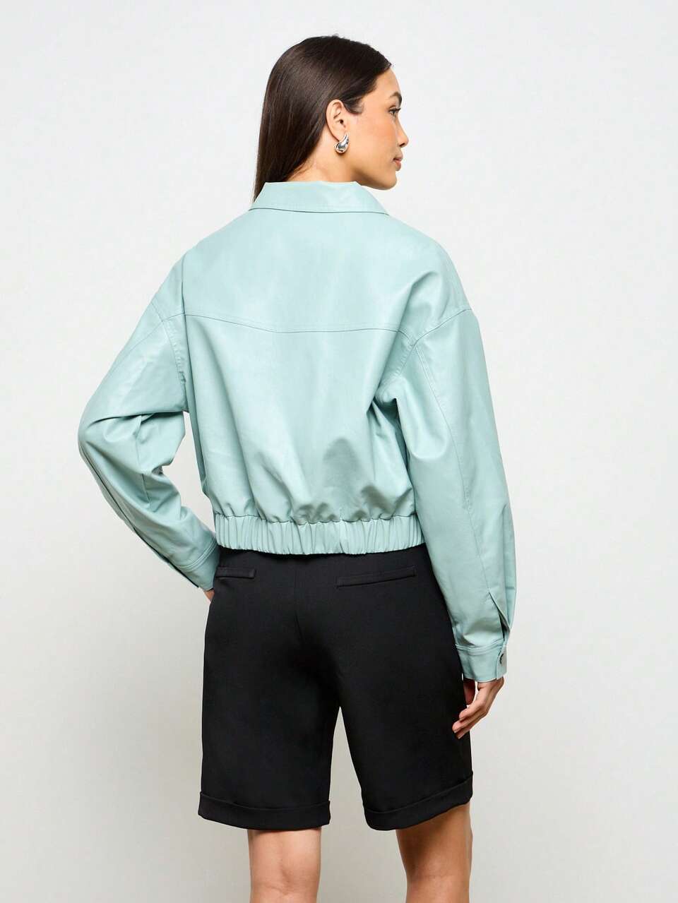 AiiRZ Giacca bomber in pelle PU color pastello, corta, in stile moda primaverile, con chiusura lampo davanti, vita elastica, streetwear casual da donna