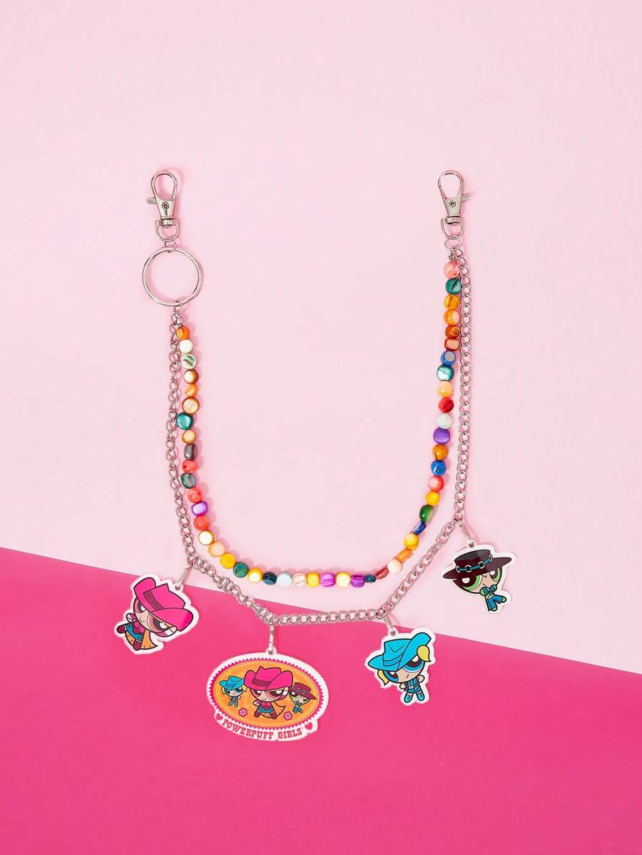 THE POWERPUFF GIRLS X SHEIN 粉色牛仔风格花朵、泡泡、毛茛图案串珠裤链 - 粉色 - 查看 1