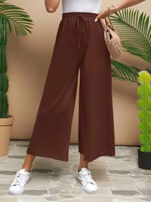 Travachic 女式纯色松紧腰抽绳宽松休闲7/9长裤，夏季 - 鏽棕色 - 查看 5
