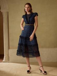 MOTF PREMIUM GUIPURE LACE RUFFLE HEM MIDI DRESS - Navy Blue - View 4