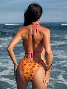 SHEIN Swim Women's Summer Beach Floral Print Bikini Bottom - Orange - View 3