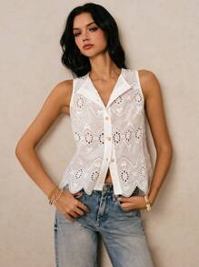 Poéselle Women's White Embroidered  Round Neck Sleeveless Button Front Vest Blouse,Summer Tops,Going Out Tops Women,Cute Summer Top,Vacation Outfits Woman,Old Money