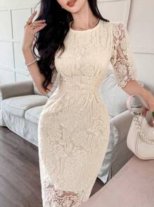 DAZY High-End Embroidered Lace Dress, Women Summer Round Neck Side Slit Mid-Calf Dress, French Elegant Cocktail Party Gown,Back To School Clothes - Apricot - View 5