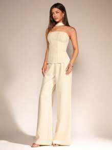 Glamine 2pcs Women Summer Halter Neck Sleeveless Top And Long Pants Set,Office Commuter Aesthetic, Daily Wear - Apricot - View 5