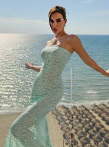 Aloruh Đầm đuôi cá chống nắng cho kỳ nghỉ đảo gợi cảm thanh lịch dành cho nữ, đầm ống xuyên thấu màu xanh lá cây xô thơm, đầm bó sát, đầm dự tiệc, đầm ren xuyên thấu màu xanh bạc hà, đồ mặc đi biển - Màu xanh Bạc hà - Xem 1