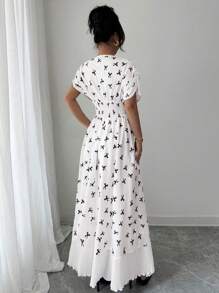 Elenzga Women Fashion Elegant V-Neck Shoulder Sleeve Chest Pleated Hem Chiffon Mesh Panel Printed Dress - Multicolor - View 2