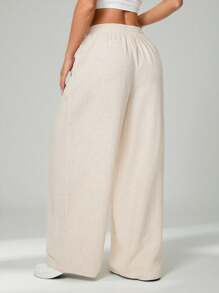 SHEIN PETITE Quần ống rộng thường ngày bằng vải tre dệt co giãn màu mơ mùa hè dành cho nữ Quần áo cơ bản cho kỳ nghỉ giải trí - Màu Khaki - Xem 2