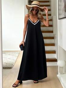 Easowa Váy Maxi Trơn Co Giãn Dệt Kim Tương Phản Màu Trơn Cho Nữ, Mùa Xuân/Hè - màu đen - Xem 3