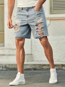 Manfinity VCAY Men's Casual Light Color Ripped Denim Shorts, Fashionable Men Ripped Jeans Shorts Distressed Jorts Men Casual Ripped Denim Shorts Ripped Jorts Jorts - Blue - View 1