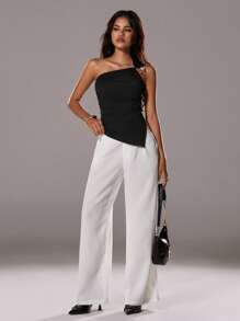 TRNVIE 女士夏季休闲高腰褶皱亚麻质感宽松裤，通勤、度假皆宜 - 白色 - 查看 5