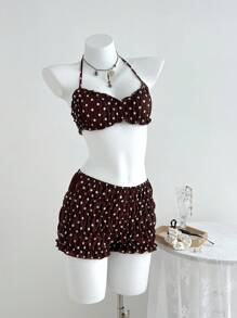 Elamini 波尔卡圆点吊带比基尼上衣和短裤 - 咖啡棕 - 查看 5