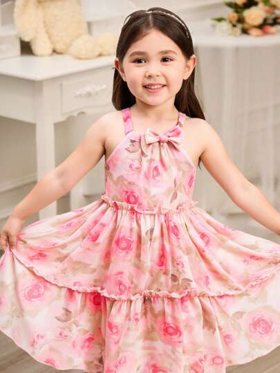 SHEIN Glamorique Kids 女童无袖蝴蝶结花朵优雅A字宽松连衣裙，可爱优雅，春夏