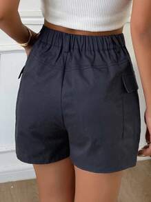 DAZY 女士夏季松紧腰拼接抽绳腰部工装口袋街头时尚休闲短裤 - 藏蓝色 - 查看 4