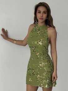 Aloruh New Sexy Clubwear Backless Sleeveless Lace Up Form-Fitting Mini Green Sequin Dress, Suitable For Music Festival, Vacation, Date, Beach, Cocktail Party