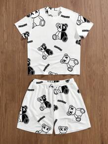 Manfinity Homme 男士休闲熊和字母印花 T 恤套装，适合夏季，送给朋友的绝佳礼物男士两件套服装短款套装男士两件套服装夏季 - 白色 - 查看 4