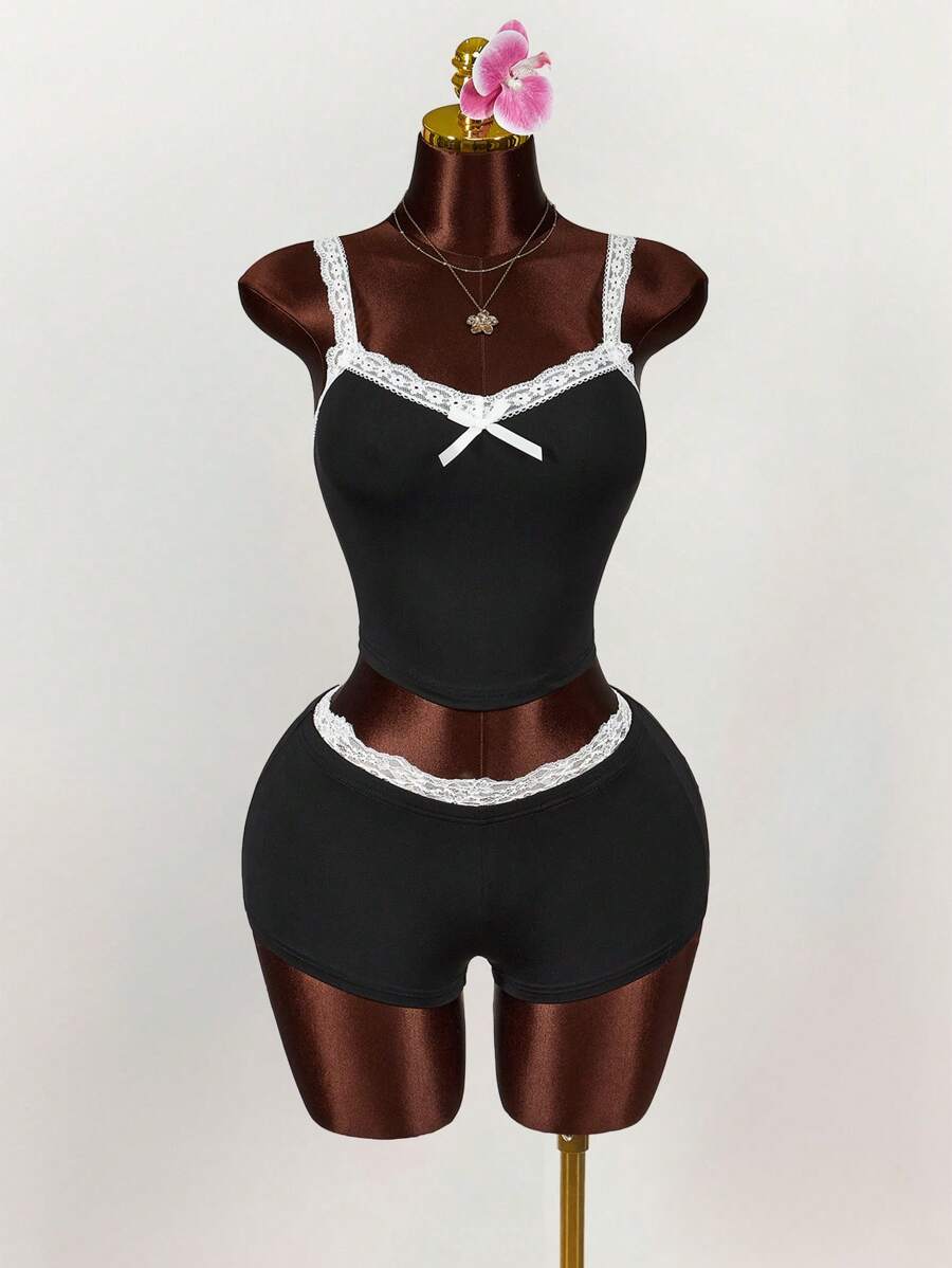 Amplova 2 Stücke/Set Farbblock Spitzen-Patchwork-Top mit Schleifendekor und Mini-Shorts mit Bundfalte - Schwarz - Übersicht 1