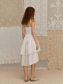 SHEIN MOD Vestido de tirantes finos con estampado de color contrastante hasta la pantorrilla para mujer, ropa bohemia, bordado en el escote, atuendos de campo para mujer, atuendos de vacaciones en la playa - Blanco - Ver 2