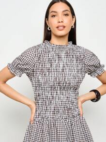 AiiRZ 褶饰格子迷你连衣裙泡泡袖夏季春季荷叶边田园风草原风格松紧腰花园茶会褶饰