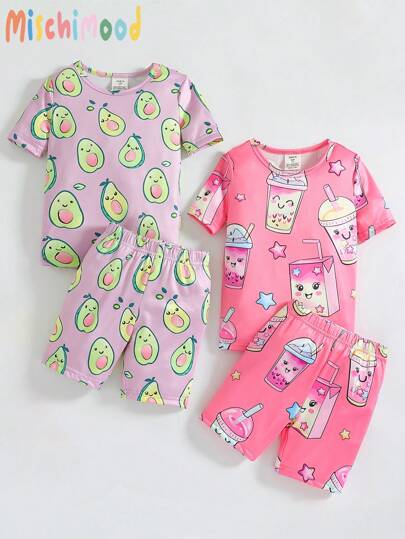 Young Girl School Snug Fit Pajamas Set, Simple All-Over Funny Print Pattern Shorts & Tight Short Sleeve, Casual 2-Piece