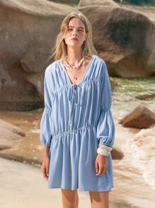 Lumivelle Vestido casual para mujer de color liso con escote en V, plisado y lazo - Celeste - Ver 4