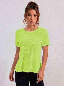 Gameset SHEIN Sport Spring/Summer Short Sleeve Camouflage Jacquard Mesh Splice Sports Top Gym Women Shirts - fluorescent green - View 2