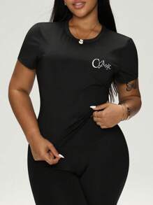 Rhythm Era 2pcs Women Casual Fitted Short Sleeve Top And Skinny Leggings Set, For Spring/Summer, Plus Size Sports Outfit