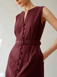 Uhlyne 女士休闲优雅无袖亚麻中长连衣裙（配系带腰带） - 酒紅色 - 查看 3