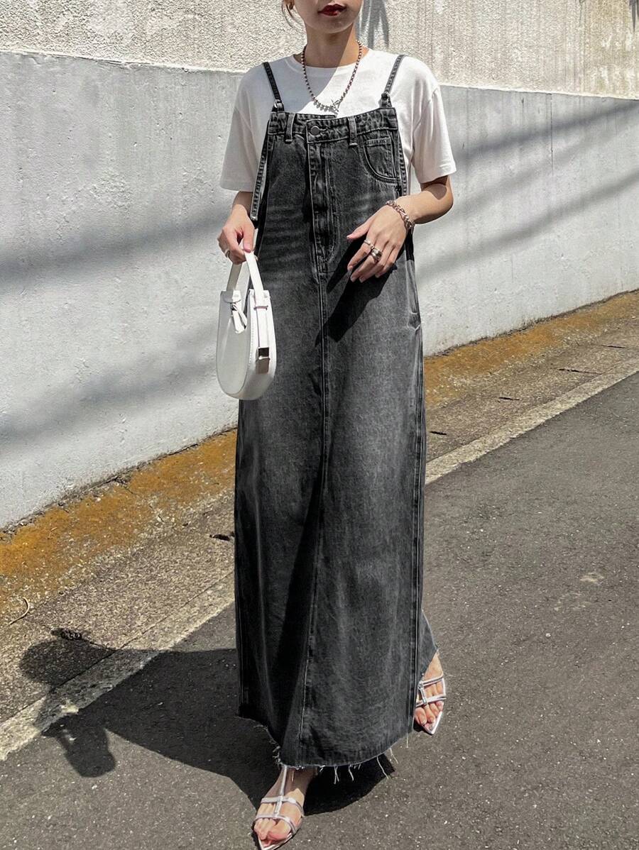 FRIFUL 女士直筒牛仔背带裙 - 深灰色 - 查看 1