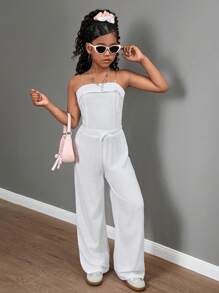 SHEIN Conjunto de 2 piezas de top de tirantes de color liso y pantalón largo informal para niñas preadolescentes