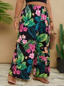 Travachic Plus Size Summer Vacation Tropical Print Elastic Waist Loose Pants Flowy Beach Boho Rave Country Concert Festival Brunch Graduation Old Money - Multicolor - View 5