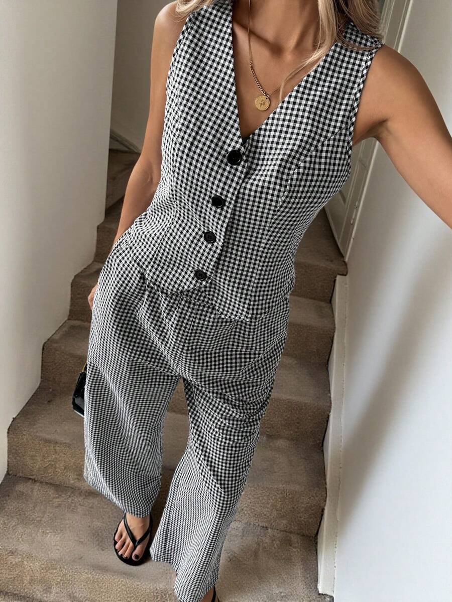 Easowa 黑白格子西装背心和裤子两件套，复古百搭