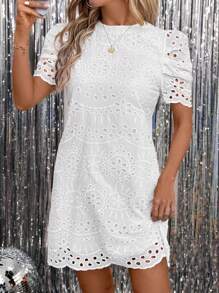 SHEIN Clasi Embroidered White Fabric Round Neck Puff Sleeve Short Sleeve Crop Fitted Dress For Women Vacation Outfits Woman Summer Outfits For Women Summer Dresses For Women White Dress