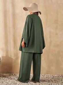 EURMUSE Plus Solid Crop Cami Top With Kimono & Pants Set - Green - View 2