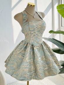 Chiquease Vestido elegante sin mangas de jacquard con nudo en la espalda para el verano - Verde - Ver 5