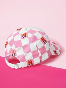 THE POWERPUFF GIRLS X SHEIN Adjustable Cartoon Checkered Print Baseball Cap - White - View 2