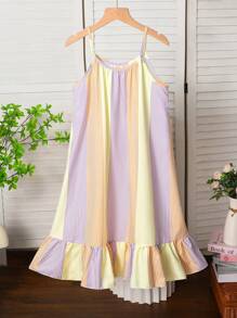 青少年女孩彩虹条纹印花无袖荷叶边下摆休闲夏季度假太阳裙