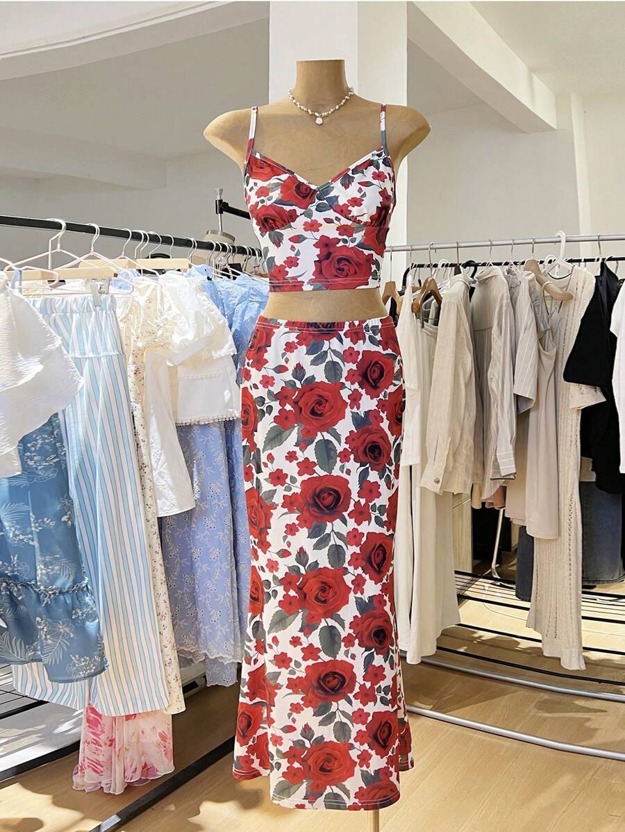 INAWLY 女士优雅花卉印花吊带背心和迷你裙两件套，夏季