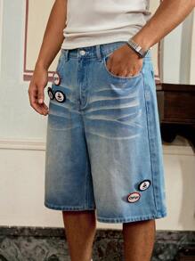 Manfinity VCAY Standard Men' Fashionable Casual Loose Light Blue Washed Versatile Denim Shorts With Embellished Patch Decor - Light Wash - View 5