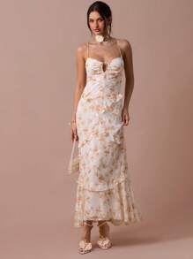 Enchnt 春夏浪漫女士橙色花卉印花系带前褶边下摆吊带中长连衣裙，甜美优雅，适合度假、约会、节日、派对、毕业典礼、婚礼嘉宾、海滩和宴会、舞会礼服、女士夏季连衣裙、夏季服装