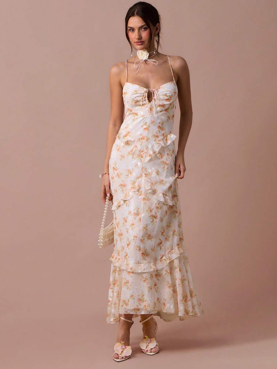 Enchnt 春夏浪漫女士橙色花卉印花系带前褶边下摆吊带中长连衣裙，甜美优雅，适合度假、约会、节日、派对、毕业典礼、婚礼嘉宾、海滩和宴会、舞会礼服、女士夏季连衣裙、夏季服装