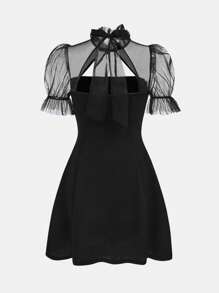 Pitira Pitira 少女针织对比色网眼透视荷叶边立领蝴蝶结灯笼袖连衣裙