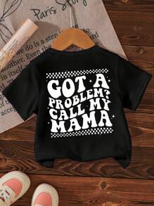 SHEIN 男宝宝休闲卡通可爱食尸鬼脸和字母标语印花短袖T恤 - 黑色 - 查看 3